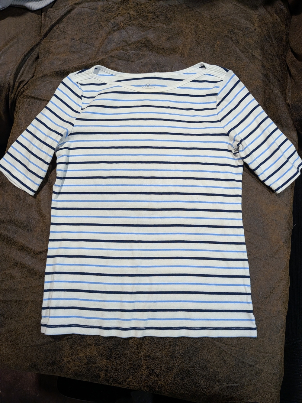 St. John's Bay White Tee with Navy and Light Blue Stripes
